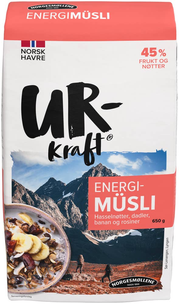 Urkraft Energi-müsli med hasselnøtter, dadler, banan og rosiner