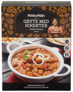 Masalamagic Gryte med kikerter Indisk middags-kit med basmatiris og syltet løk