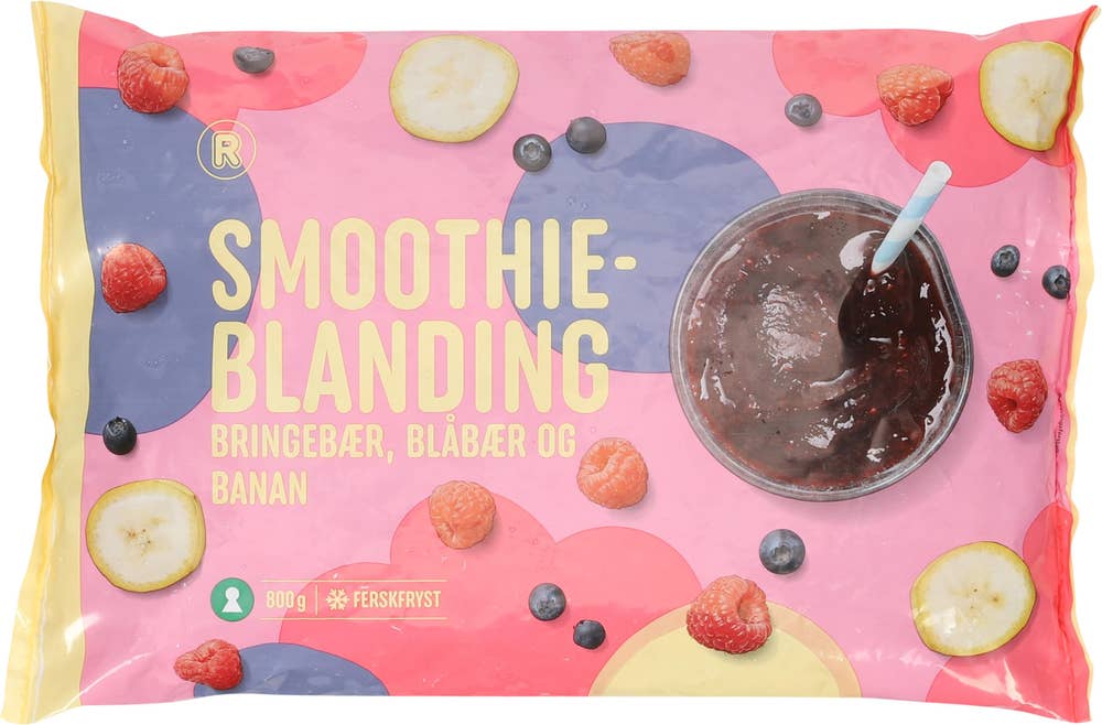 R Smoothieblanding Med bringebær, banan og blåbær