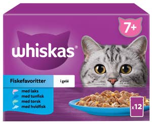 Whiskas Fish Selection Våtfôr med laks, tunfisk, torsk og hvitfisk i gelé Til seniorkatter fra 7 år, 12 x 85g