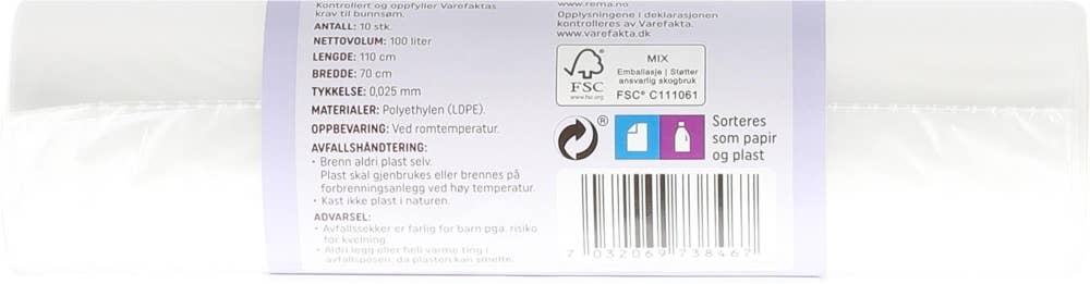 R Avfallssekk 100 liter, klar, 25 my, 70x110 cm, virgin LLDPE