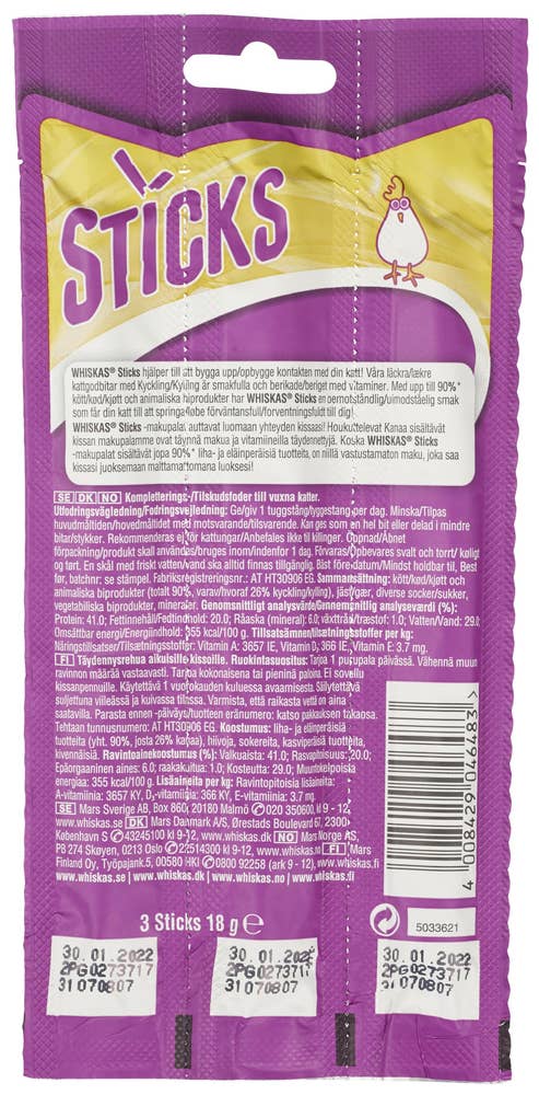 Whiskas Sticks kattegodbit med kyllingsmak 3 stk