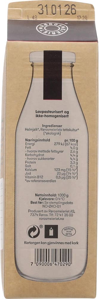 Rørosmeieriet Økologisk Tjukkmjølk fra Røros 4% fett