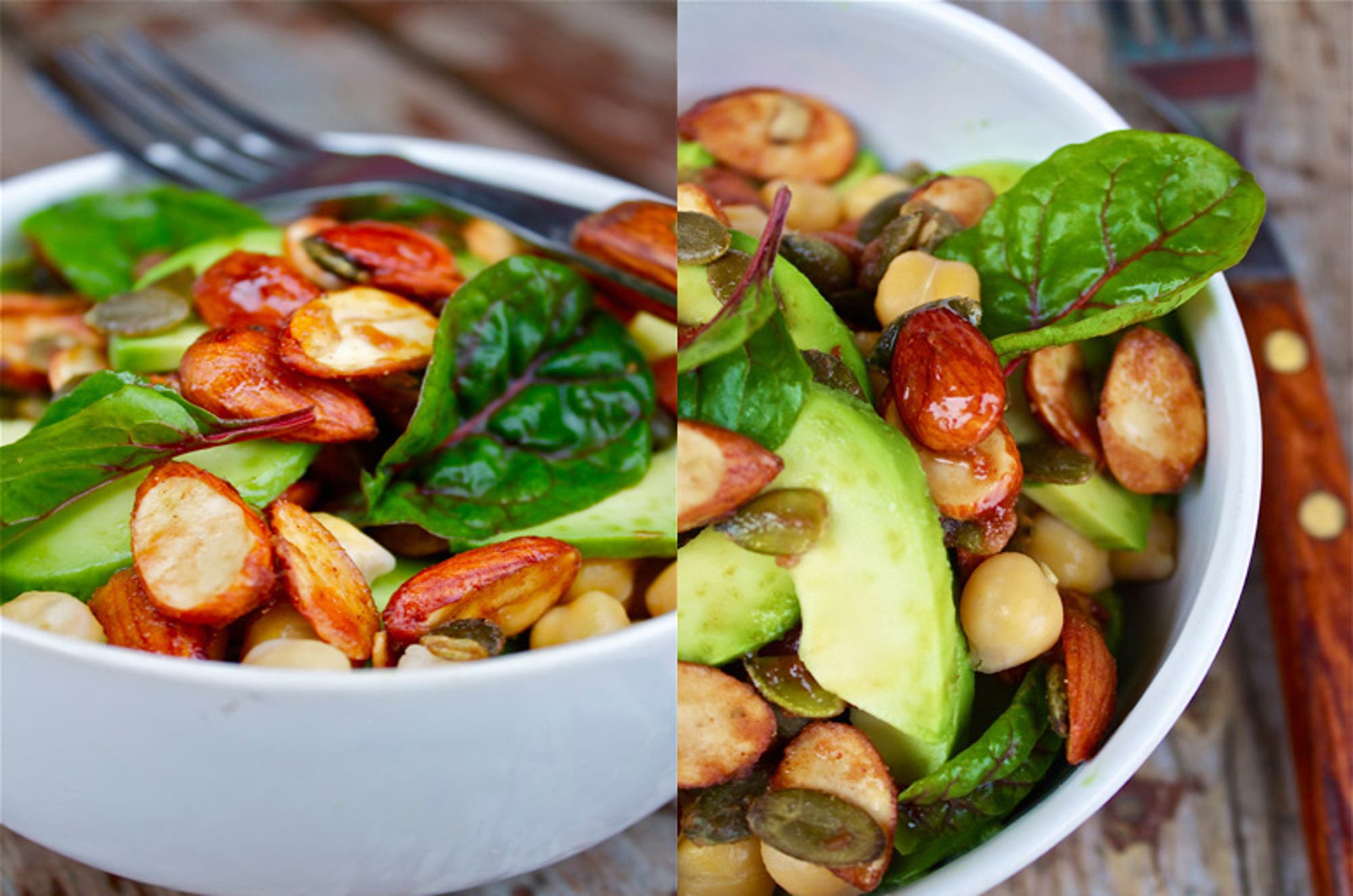 Kikertersalat med karamelliserte mandler og gresskarkjerner